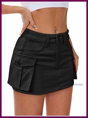 Women Low Rise Denim Mini Skirt Y2K Jean Skirt Flap Pockets Casual